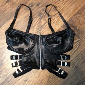 Black leather zip up bra top